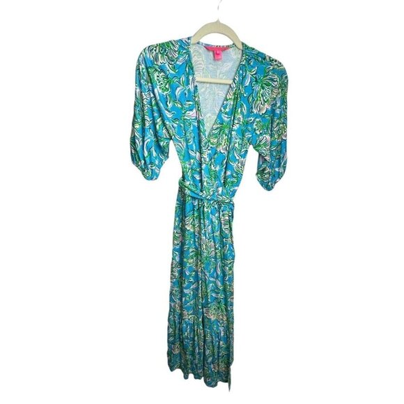 Lilly Pulitzer Brantley Midi Wrap Dress Cumulus Blue Chick Magnet Print Sz Small - Picture 3 of 8